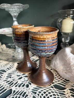 Vintage Rustic Glazed Ceramic Goblets - Blue and Brown Set